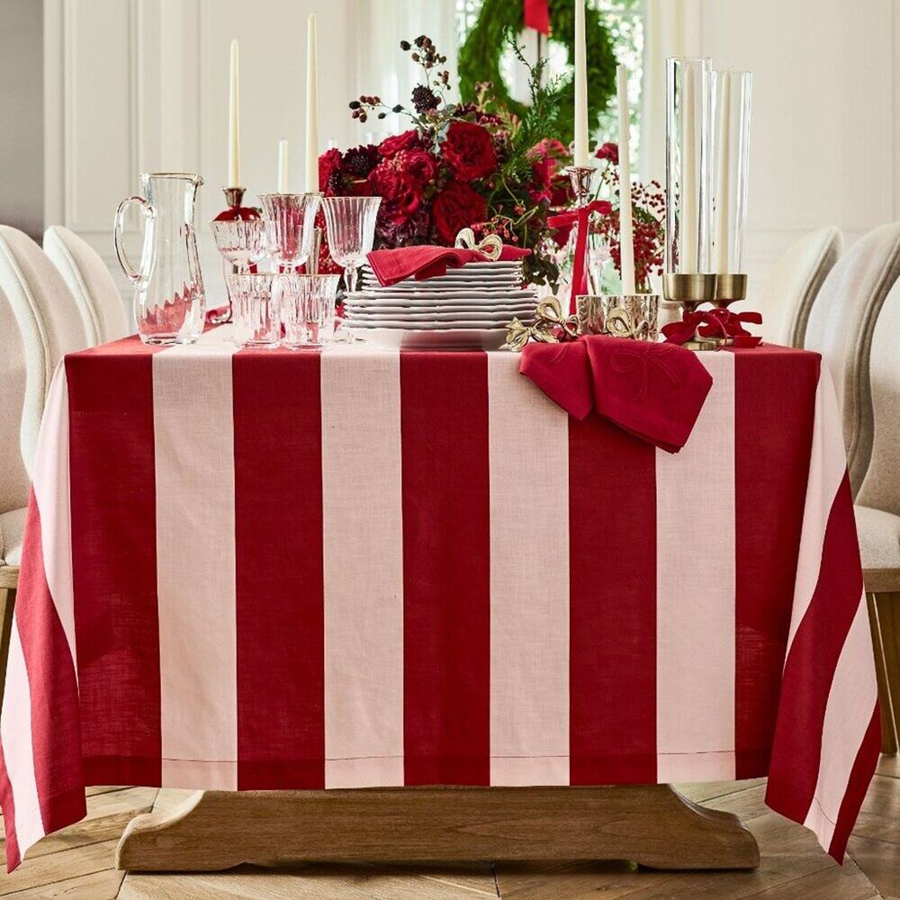Monique Lhuillier Harper Stripe Organic Cotton Tablecloth Red Pinkish/White NWT